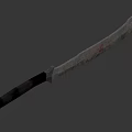 Patterned Blade Knife With Dark Handle And Bloodstains On Red Background