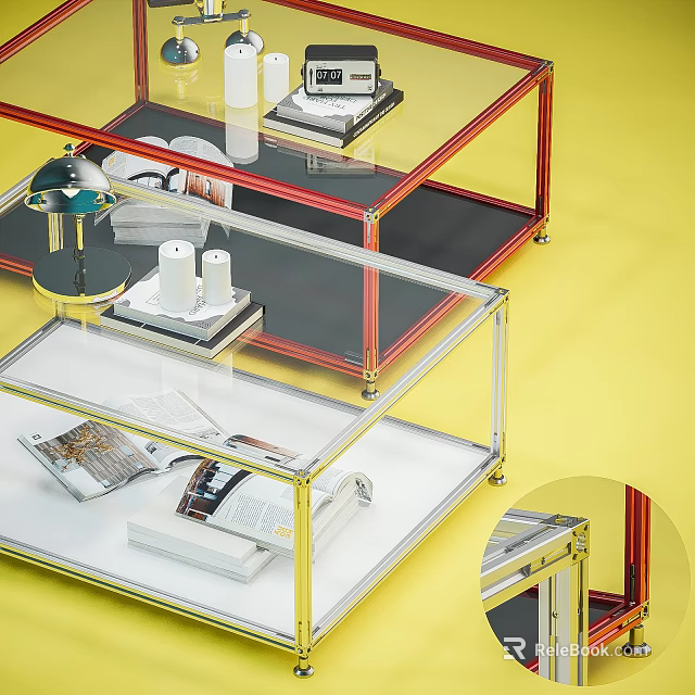 Multi Tiered Modern Coffee Table With Glass Shelves Metal Frame Displaying Magazines And Decorative Items 3d model