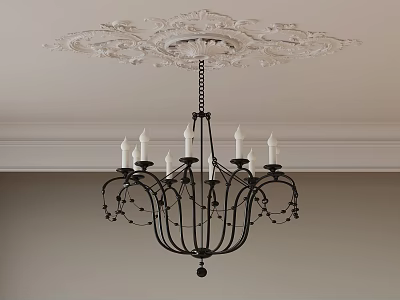 Black Metal Chandelier Featuring White Candle Lights And Ornate Ceiling Medallion In Interior Design 3d model
