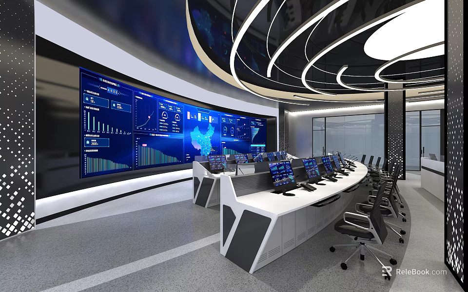 Modern Monitoring Room Interior With Large Display Screens Control Consoles Computer Monitors and Ergonomic Chairs 3d model 