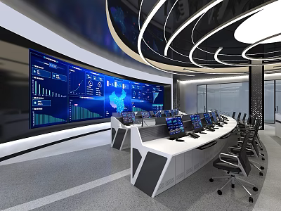 Modern Monitoring Room Interior With Large Display Screens Control Consoles Computer Monitors and Ergonomic Chairs 3d model
