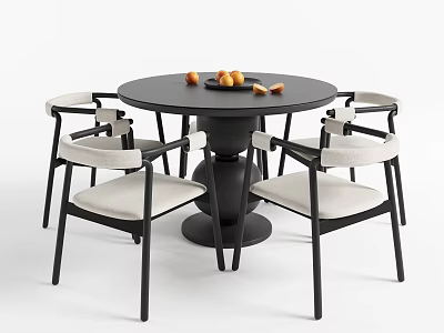 Modern Round Black Dining Table With Beige Cushioned Chairs And Fruits On Top 3d model