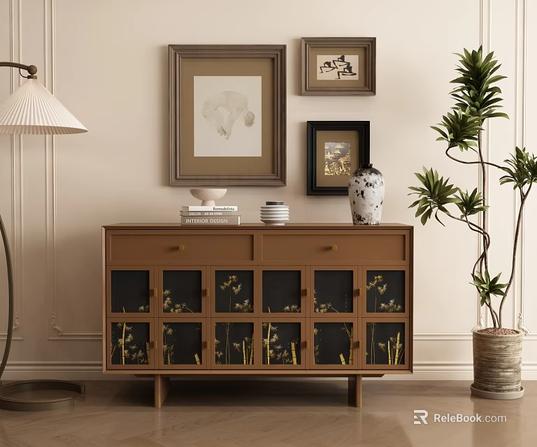 Modern Sideboard With Glass Doors And Wall Framed Artworks Floor Lamp Potted Plant Interior 3d model 