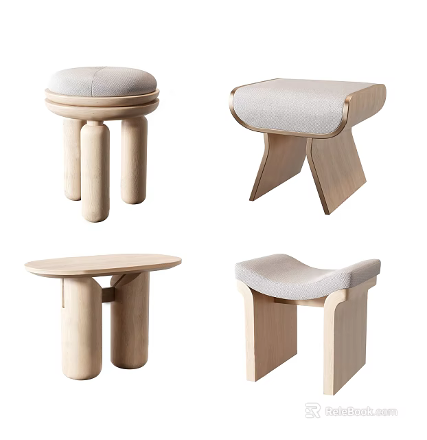 Modern Wooden Stools With Upholstered Seats And Various Minimalist Designs 3d model 