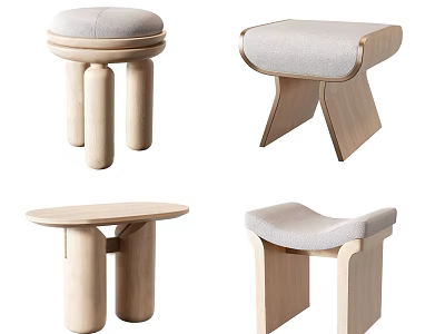 Modern Wooden Stools With Upholstered Seats And Various Minimalist Designs 3d model