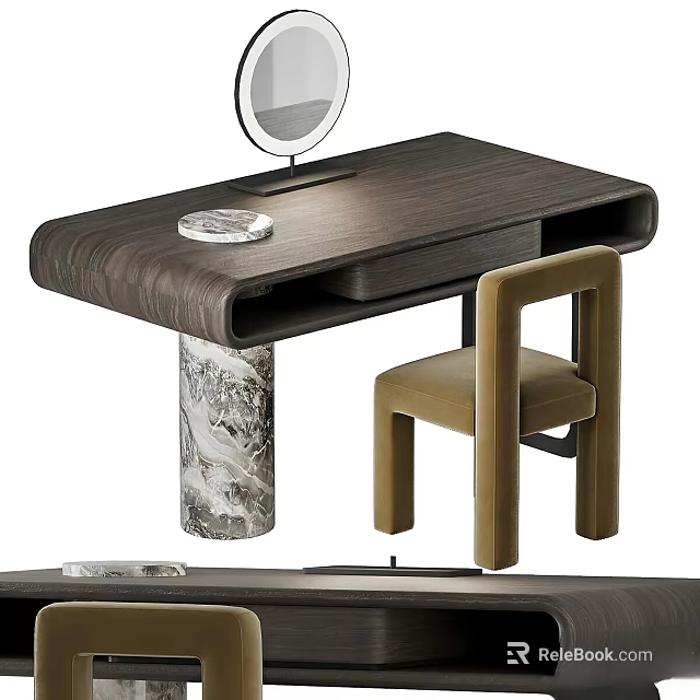 Modern Dark Wooden Dressing Table With Round Mirror Marble Pedestal And Matching Chair 3d model 