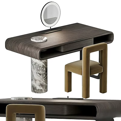 Modern Dark Wooden Dressing Table With Round Mirror Marble Pedestal And Matching Chair 3d model