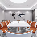 Modern Conference Room Interior With Long White Table Orange White Chairs And Large Screen