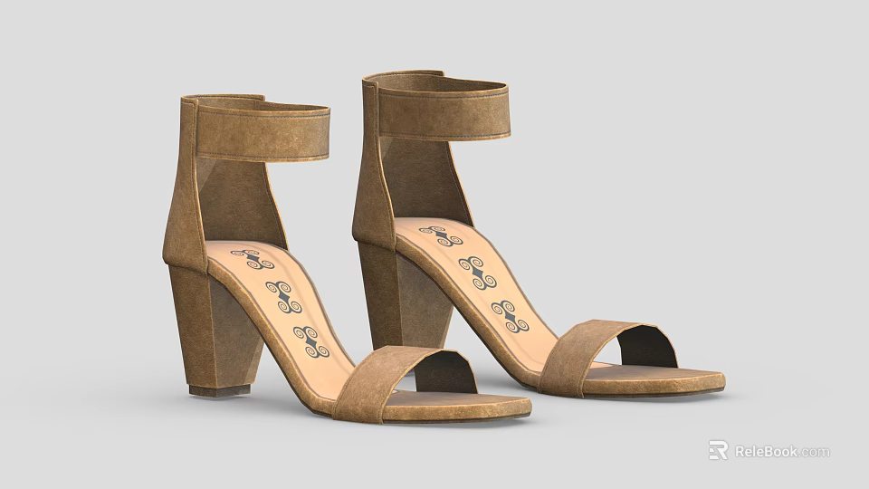 Brown Open Toe High Heel Sandals With Ankle Strap Block Heel And Patterned Insole 3d model 