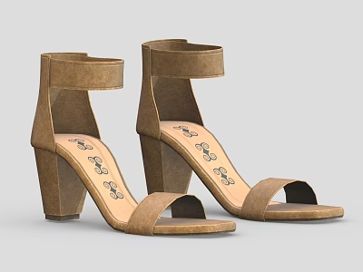 Brown Open Toe High Heel Sandals With Ankle Strap Block Heel And Patterned Insole 3d model