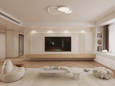 Modern Living Dining Room With White Sofas Rug Coffee Tables TV Wall And Ceiling Light 3d model