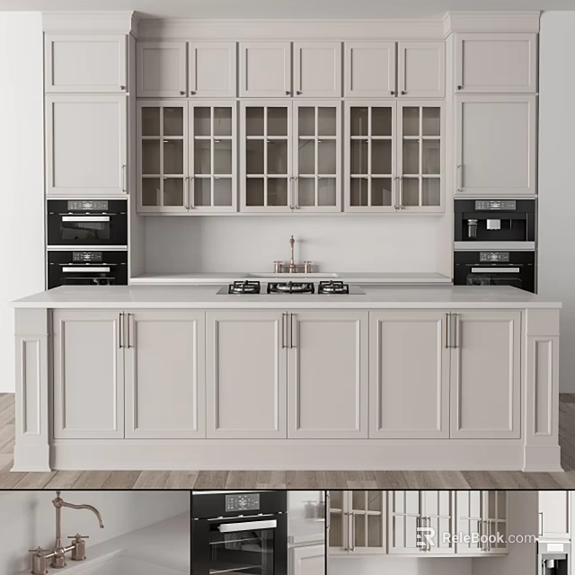 Modern Kitchen Interior With White Glass Door Cabinets And Countertop Appliances 3d model 