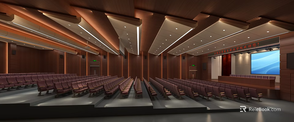 Modern Conference Room With Wooden Walls Rows Of Seats And Ceiling Lighting 3d model 