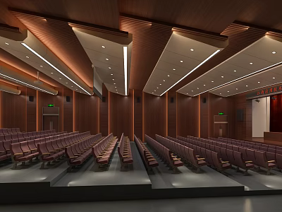 Modern Conference Room With Wooden Walls Rows Of Seats And Ceiling Lighting 3d model