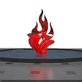 Red Flame Shaped Landscape Sculpture in Circular Water Pool Against Blue Sky and White Clouds