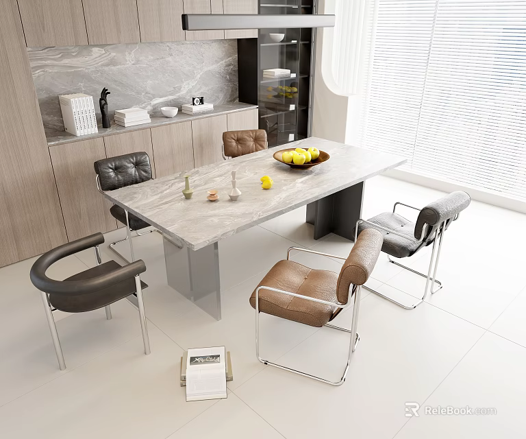 Modern Kitchen Interior With Stylish Marble Dining Table Set And Colorful Chairs 3d model