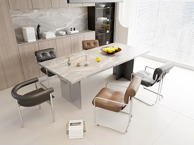 Modern Kitchen Interior With Stylish Marble Dining Table Set And Colorful Chairs 3d model