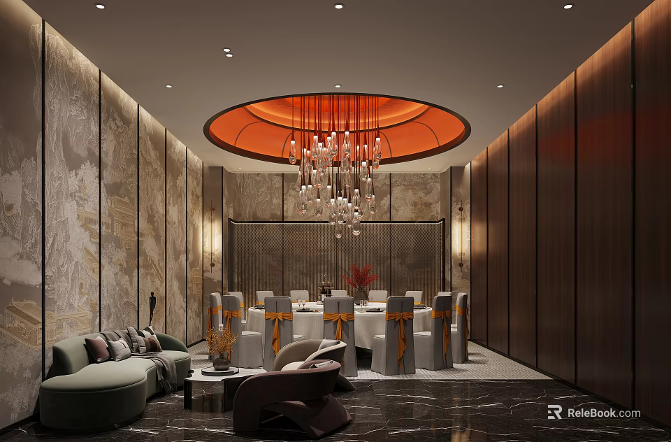 Luxurious Private Dining Room Interior With Round Table Orange Ribbon Chairs And Crystal Chandelier 3d model 