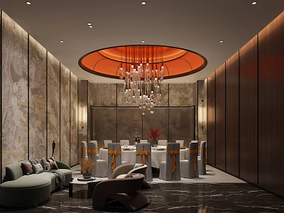 Luxurious Private Dining Room Interior With Round Table Orange Ribbon Chairs And Crystal Chandelier 3d model