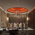 Luxurious Private Dining Room Interior With Round Table Orange Ribbon Chairs And Crystal Chandelier