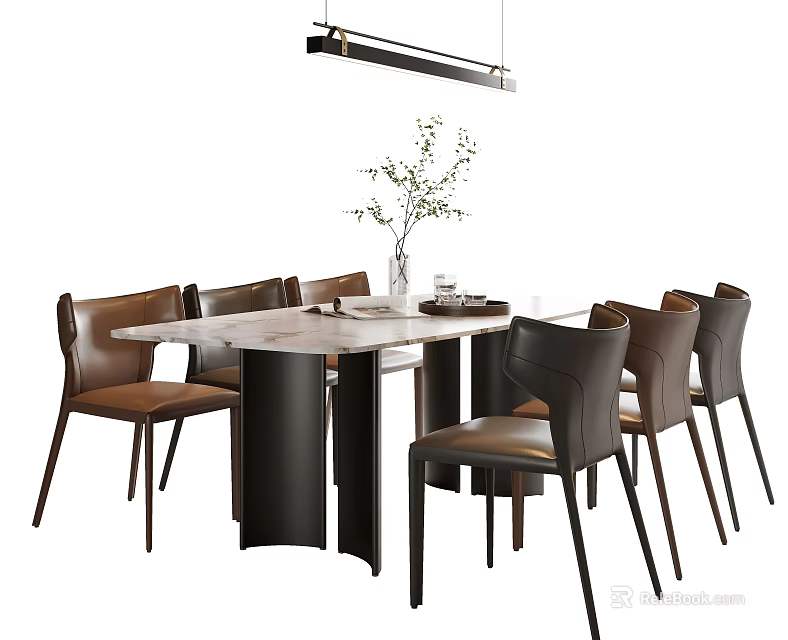 Elegant Modern Dining Table Set With Marble Top Leather Chairs Decorative Vase And Pendant Light 3d model 