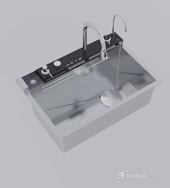 Stainless Steel Kitchen Sink With Modern Faucet And Control Knobs Design 3d model
