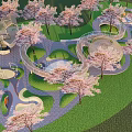 Scenic Children's Play Area With Cherry Blossom Trees Spiral Structures And Winding Pathways