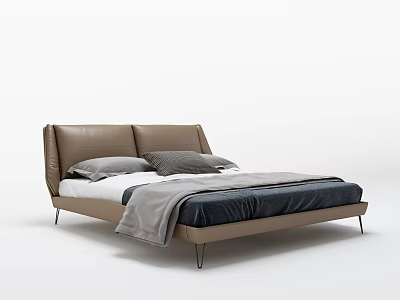 Modern Double Bed with Brown Leather Headboard Gray Pillows and Metal Legs 3d model