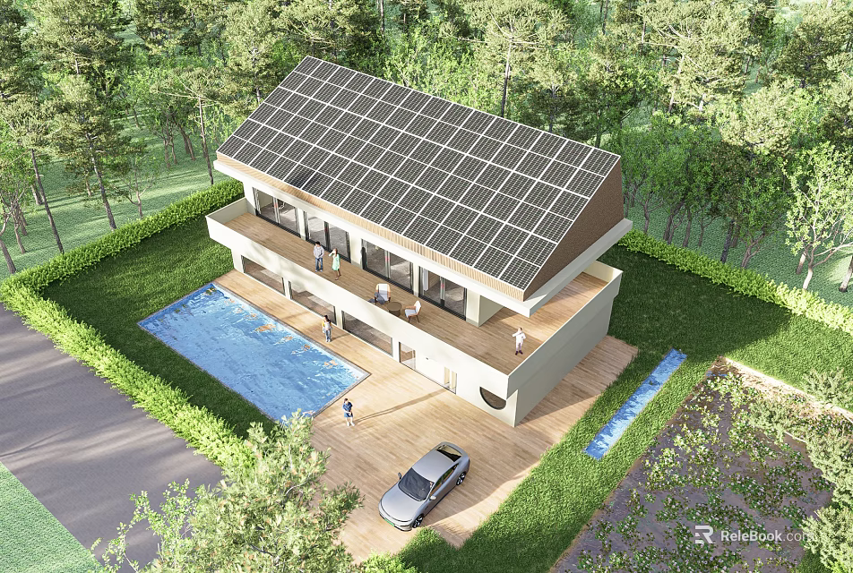 Detached Villa Featuring Solar Panels Swimming Pool Surrounded by Trees and Car in Driveway 3d model 