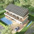 Detached Villa Featuring Solar Panels Swimming Pool Surrounded by Trees and Car in Driveway