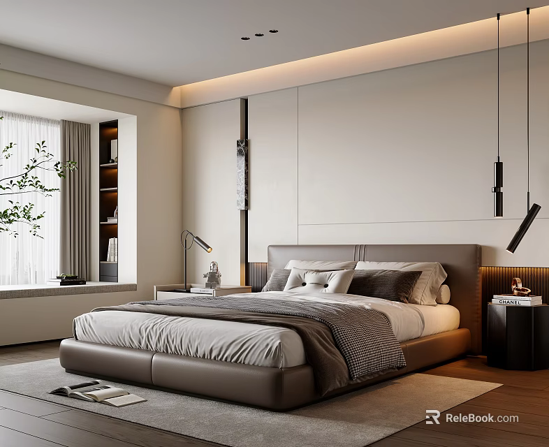 Modern Bedroom Interior Design With Large Bed Gray Headboard And Pendant Lights 3d model