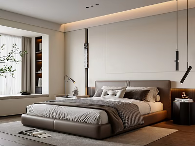 Modern Bedroom Interior Design With Large Bed Gray Headboard And Pendant Lights 3d model