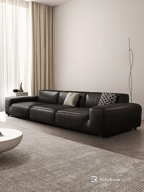 Black Leather Three Seater Sofa With Light Colored And Patterned Cushions In Modern Living Room 3d model 