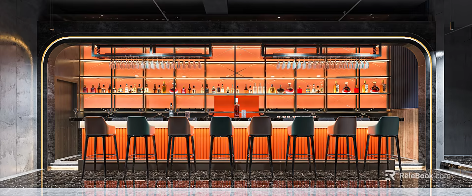 Modern Bar Interior Design With Orange Lighting Wine Racks And Bar Stools 3d model 