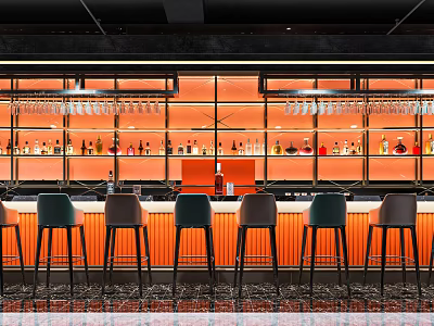 Modern Bar Interior Design With Orange Lighting Wine Racks And Bar Stools 3d model