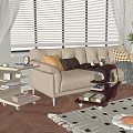 Beige Multi Seater Sofa With Decorative Cushions Rolling Cart Potted Plant And Wooden Floor
