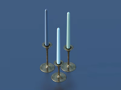 Three Blue and White Candles on Metal Candle Holders for Home Living Decor 3d model
