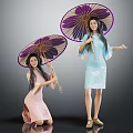 Women Wearing Qipao Holding Purple And Pink Umbrellas One Kneeling One Standing