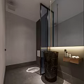 Luxury SPA Sauna Bathroom Design With Dark Wall Round Mirror Black Sink And Wooden Cabinet