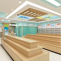 Bright Specialty Store Interior With Wooden Display Counters White Shelves And Decorative Ceiling Artwork