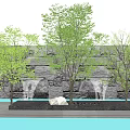 Lush Arbor Trees With Stone Wall Water Features And Rock Decor 3d model