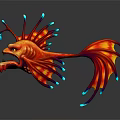 Vibrant Fantasy Monster Fish With Sharp Teeth Red Orange Body And Blue Fins Floating