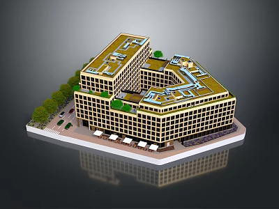 Modern Square Building Design With Inner Courtyard Green Roof Grid Windows And Surrounding Trees 3d model