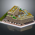 Modern Square Building Design With Inner Courtyard Green Roof Grid Windows And Surrounding Trees