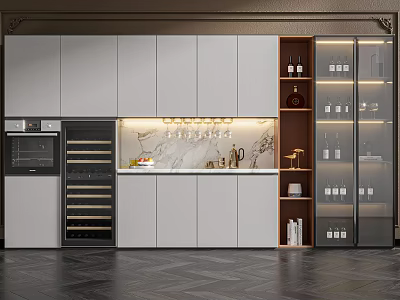 Modern Wine Cabinet Design With Glass Door Marble Countertop Wine Racks And Wine Glass Holder 3d model