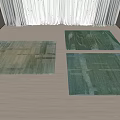 Three Green Square Rugs with Abstract Patterns on Light Wooden Floor in Bright Room