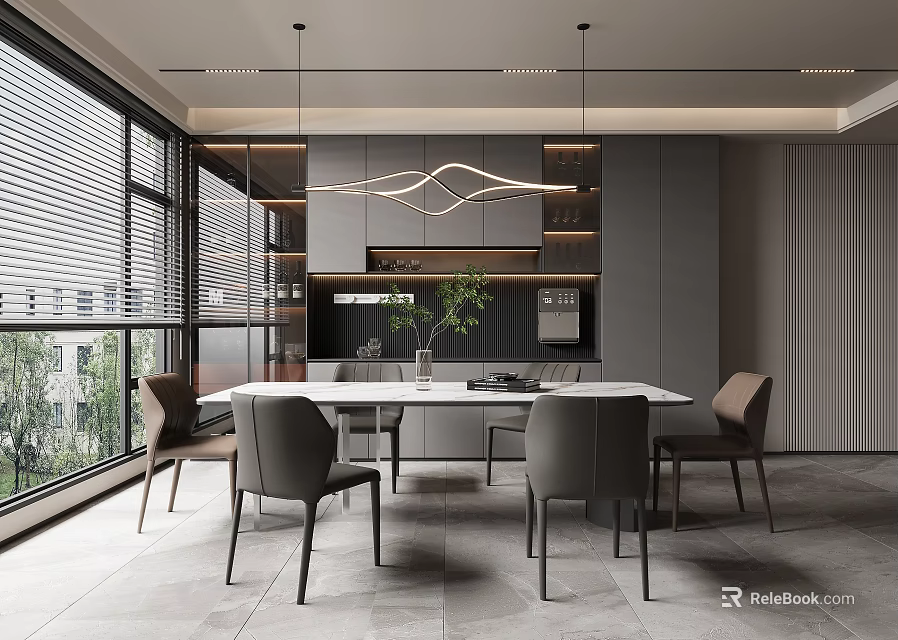 Modern Restaurant Open Concept With Dining Table Chairs Large Windows And Hanging Lights 3d model