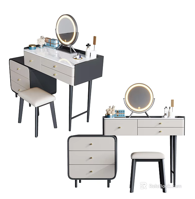 Modern Vanity Dressing Table With Round Mirror Stool And Drawers For Cosmetics 3d model