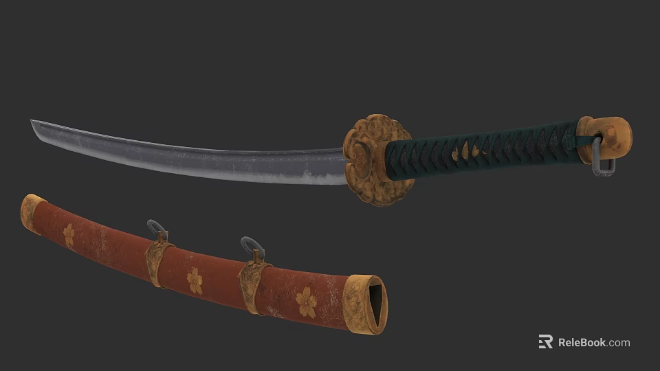 Traditional Japanese Katana Weapon With Red Scabbard Green Handle And Golden Decorations 3d model 