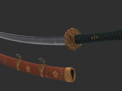 Traditional Japanese Katana Weapon With Red Scabbard Green Handle And Golden Decorations 3d model